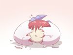  1girl blush bow disembodied_head egg eggshell flying_sweatdrops guuchama hair_bow hatching one_eye_closed open_mouth red_eyes redhead sekibanki solo touhou 