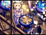  2girls blonde_hair book_stack bow brown_eyes brown_hair cake candle capelet compass crescent dress food fruit globe hair_bow hat highres jewelry kaenuco looking_at_viewer maribel_hearn multiple_girls necktie rabbit ribbon short_hair skirt smile spoon_in_mouth star strawberry tea thigh-highs touhou usami_renko violet_eyes 