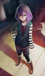  1girl artist_name aura boots borrowed_character full_body ghost green_eyes hand_on_hip isabelle_(acerailgun) original purple_hair roguetwo shadow shorts silk smile solo spider_web striped_sleeves vest 