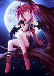  1girl bat_wings covering_mouth full_moon highres looking_at_viewer moon open_mouth original pointy_ears red_eyes redhead sitting sky solo star_(sky) starry_sky tree tree_branch twintails villyane wings 