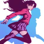  1boy 1girl archer black_hair black_legwear blue_eyes command_spell fate/stay_night fate_(series) from_side ilya_kuvshinov leg_up lips long_hair looking_at_viewer parted_lips silhouette skirt thigh-highs toosaka_rin 
