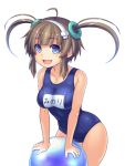  1girl :d ahoge arm_support ball beachball blue_eyes breasts brown_hair collarbone fang hairband katagiri_(a1466502) minori_(senran_kagura) open_mouth payot school_swimsuit senran_kagura senran_kagura_(series) short_hair smile solo swimsuit twintails white_background 