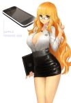  1girl apple_inc. breasts brown_eyes cellphone cleavage glasses highres iphone large_breasts long_hair meto31 orange_hair original pencil_skirt personification phone skirt smartphone solo wavy_hair 