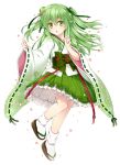  1girl floral_print flower green_eyes green_hair green_skirt hair_flower hair_ornament hair_ribbon highres japanese_clothes kuronohana long_hair looking_at_viewer open_mouth original pleated_skirt ribbon ribbon-trimmed_sleeves ribbon_trim sandals sash skirt solo tabi wide_sleeves 