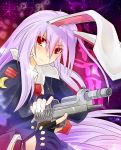  1girl animal_ears badge blazer bust collared_shirt copyright_name crescent_moon gloves gun handgun highres lavender_hair leaf long_hair looking_away looking_to_the_side maple_leaf moon necktie night night_sky rabbit_ears red_eyes reisen_udongein_inaba saraallo signature sky solo touhou weapon 