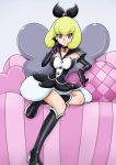  1girl bakusai black_gloves blonde_hair boots choker couch elbow_gloves gloves hair_ribbon happinesscharge_precure! knee_boots precure queen_mirage red_eyes ribbon short_hair sitting skirt smile solo 