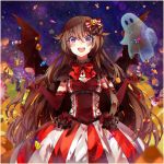  1girl alice_(pandora_hearts) alternate_costume blush bow brown_hair candy cross cross_necklace demon_wings dress elbow_gloves frame frills ghost gloves hair_bow hair_ornament halloween jack-o&#039;-lantern jewelry leaf lollipop long_hair looking_at_viewer necklace night night_sky open_mouth pandora_hearts sky smile solo standing star star_(sky) starry_background teka very_long_hair violet_eyes wings 