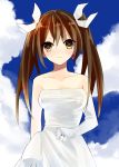  1girl :3 bare_shoulders brown_eyes brown_hair clouds cloudy_sky dress hair_ribbon heart highres jewelry kantai_collection long_hair nashi_(shi_ra_nu_i) ribbon ring single_earring single_elbow_glove sky solo strapless_dress tone_(kantai_collection) twintails wedding_band wedding_dress white_dress 