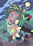  1girl :d antennae blurry blush cape depth_of_field flying full_moon green_eyes green_hair landscape light_particles long_sleeves looking_at_viewer moon morino_hon nature night open_mouth outstretched_arms pants reaching shirt shoes short_hair sky smile socks solo touhou tree vest white_legwear wriggle_nightbug 