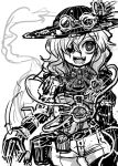  1girl alternate_costume belt bow crazy crazy_smile flower goggles_on_hat hat hat_ribbon komeiji_koishi monochrome open_mouth pants ribbon rose short_hair sketch smile solo third_eye touhou yt_(wai-tei) 