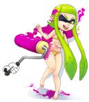  1girl barefoot bikini disembodied_limb flat_chest g138 green_bikini green_eyes green_hair highres inkling long_hair mask one_eye_closed paint_splatter paintbrush payot pointy_ears solo splatoon swimsuit tentacle_hair twintails very_long_hair 