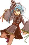  1girl blue_eyes blue_hair fang hat japanese_clothes kariginu mononobe_no_futo ne_kuro ponytail sketch solo tate_eboshi touhou white_background 