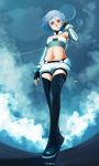  1girl alpha_(acerailgun) artist_name blue_hair boots borrowed_character clouds doll_joints elbow_gloves fingerless_gloves full_body gloves navel original pink_eyes planet robot_girl roguetwo short_shorts shorts sky solo thigh-highs thigh_boots 