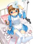 1girl apron arm_support bed blue_eyes braid brown_hair clipboard dress hat highres ice long_hair long_sleeves original pill pillow single_braid sitting solo stethoscope takeda_mika thermometer thigh-highs 