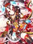  1girl black_hair black_legwear brown_eyes demon_horns detached_sleeves dutch_angle fang hair_ornament highres holding horns japanese_clothes katana long_hair looking_at_viewer oni original ponytail sakuragi_ren smile solo sword thigh-highs weapon zettai_ryouiki 