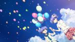  2girls absurdres balloon blue_eyes dj_max hair_ribbon highres ladymade_star multiple_girls purple_hair ribbon sailor_collar siblings side_ponytail skirt sky smile twins yuuki_tatsuya 