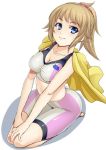  1girl bike_shorts blue_eyes breasts cleavage gundam gundam_build_fighters gundam_build_fighters_try hayami_kyuuen hoshino_fumina jacket looking_at_viewer midriff ponytail seiza sitting sports_bra 