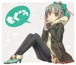  1girl bangs black_legwear blunt_bangs blush bow brown_eyes casual coat eating food fur_coat fur_trim green_bow grey_hair hair_bow high_ponytail kantai_collection knees_together_feet_together knees_up looking_at_viewer pantyhose ponytail sitting solo sweet_potato umino_mokuzu_(shizumisou) yuubari_(kantai_collection) 