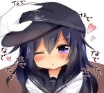  1girl akatsuki_(kantai_collection) black_hair blush gloves hat heart highres kantai_collection long_hair namekuzi_mame one_eye_closed open_mouth petting school_uniform serafuku solo_focus translation_request triangle_mouth violet_eyes white_gloves 