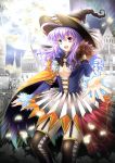  1girl :d absurdres ahoge breasts cape cleavage garter_straps halodark hat heterochromia highres long_hair looking_at_viewer open_mouth original purple_hair reaching smile solo witch witch_hat 