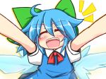  1girl ahoge arms_up blue_hair blush bow cirno hair_bow ice ice_wings open_mouth rindou_(p41neko) smile solo touhou wings 