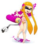  1girl barefoot bikini commentary disembodied_limb flat_chest g138 highres inkling long_hair mask one_eye_closed orange_bikini orange_eyes orange_hair paint_splatter paintbrush payot pointy_ears solo splatoon swimsuit tentacle_hair twintails very_long_hair 