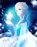  1girl achiki blonde_hair blue_eyes braid dress elsa_(frozen) frozen_(disney) single_braid sketch smile snow snowflakes solo 