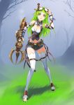  1girl adjusting_goggles bare_shoulders belt borrowed_character detached_sleeves full_body goggles goggles_on_head grappling_hook grass green_hair kriss_sison long_hair navel orange_eyes original pointy_ears rynn_(acerailgun) short_shorts shorts solo steampunk thigh-highs tree 