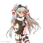  1girl amatsukaze_(kantai_collection) black_panties blush covering covering_breasts cowboy_shot garter_straps hair_tubes hairband holding holding_hair kantai_collection long_hair looking_at_viewer navel ootsuki_momiji panties silver_hair simple_background solo thigh-highs torn_clothes two_side_up underwear very_long_hair white_background yellow_eyes 
