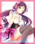  1girl bow breasts choker cleavage clenched_teeth goma_(11zihisin) green_eyes long_hair looking_at_viewer love_live!_school_idol_project maid_headdress one_eye_closed smile solo thigh-highs toujou_nozomi twintails violet_eyes 