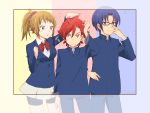  1girl 2boys banchii bike_shorts blue_eyes blue_hair brown_hair gakuran glasses gundam gundam_build_fighters gundam_build_fighters_try height_difference highres hoshino_fumina kamiki_sekai kousaka_yuuma multiple_boys ponytail red_eyes redhead school_uniform scrunchie 