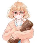  1girl cardigan crossover glasses kuriyama_mirai kyoukai_no_kanata log log_lady margaret_lanterman pink_eyes pink_hair red-framed_glasses school_uniform short_hair twin_peaks womu 