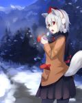  1girl animal_ears drinking hat inubashiri_momiji jacket looking_at_viewer looking_back mountain nature open_mouth pom_pom_(clothes) red_eyes scarf short_hair silver_hair skirt solo tail tokin_hat touhou wolf_ears wolf_tail 