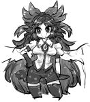  1girl black_hair bow elbow_gloves gloves hair_bow hand_on_hip long_hair monochrome reiuji_utsuho skirt smile solo touhou wings yt_(wai-tei) 