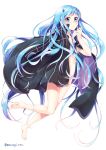  1girl bare_legs barefoot blue_eyes blue_hair breasts cape hair_ornament highres long_hair looking_at_viewer original sakuragi_ren simple_background sketch solo twitter_username white_background 