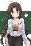  1girl ? ahoge alternate_costume bespectacled blush breasts brown_eyes brown_hair cleavage female fujino_(unajisaiko) glasses kantai_collection long_hair notebook shouhou_(kantai_collection) side_slit skirt solo sweat teacher unbuttoned 