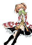  1girl bell book boots covering_mouth cross-laced_footwear hair_bell hair_ornament japanese_clothes kimono knee_boots light_brown_hair long_sleeves motoori_kosuzu sash seeker sitting solo touhou two_side_up wide_sleeves 