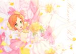  1girl :d bare_shoulders bittersweet_(dalcoms) bouquet character_name choker dress earrings flower green_eyes highres hoshizora_rin jewelry looking_at_viewer love_live!_school_idol_project open_mouth orange_hair petals short_hair smile solo thigh-highs veil white_legwear 