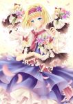  1girl :d alice_margatroid blonde_hair blue_eyes bow carrying doll fairy_wings flower hair_bow hair_ribbon hairband lolita_hairband long_hair open_mouth petals ribbon shanghai_doll short_hair size_difference smile touhou villyane wings 