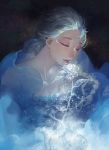  1girl bare_shoulders bishoujo_senshi_sailor_moon braid closed_eyes dark elsa_(frozen) eyelashes flower freckles glowing highres ice lipstick long_hair makeup parted_lips platinum_blonde red_lipstick rose single_braid solo tang_elen white_rose 