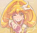  1girl ammonio blonde_hair blush cure_peace dress eyelashes female gradient gradient_background happy highres kise_yayoi lightning long_hair looking_at_viewer magical_girl one_eye_closed ponytail precure sketch smile smile_precure! solo v yellow yellow_background yellow_dress yellow_eyes 