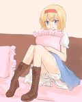  1girl alice_margatroid bed blonde_hair bloomers blue_dress blue_eyes blush cross-laced_footwear dress hairband highres legs nip_to_chip pillow pillow_hug short_hair sitting sitting_on_bed smile touhou underwear 