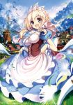  1girl :d akabane_(zebrasmise) blonde_hair blue_eyes blurry breasts building cleavage depth_of_field flower looking_at_viewer open_mouth original skirt skirt_lift smile solo windmill 
