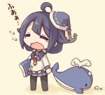  1girl ahoge anchor black_hair chibi closed_eyes holding kantai_collection kata_meguma looking_at_viewer lowres mini_hat open_mouth pleated_skirt school_uniform serafuku skirt solo stuffed_whale taigei_(kantai_collection) tears translation_request 
