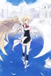  1girl angel angel_wings asymmetrical_wings bangle blonde_hair borrowed_character bow bracelet cassie_(acerailgun) cravat cyborg dress feathers full_body grey_eyes highres jewelry long_hair mechanical_arm mechanical_wings original shadow2810 small_breasts walking walking_on_water wings 