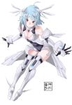  1girl ahoge alpha_(acerailgun) bare_shoulders blue_hair boots borrowed_character elbow_gloves eudetenis full_body gloves highres original red_eyes robot_girl simple_background small_breasts solo thigh-highs thigh_boots white_background 