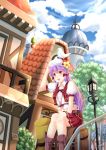  1girl :d backpack bag bird building hand_on_headwear hat highres long_hair midriff open_mouth original pointy_ears purple_hair sitting smile solo tree villyane violet_eyes 
