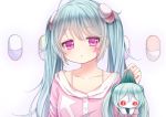 2girls aimaina aqua_hair blush buttons chibi collarbone directional_arrow doll facial_mark green_eyes hair_ornament hatsune_miku looking_at_viewer looking_down multiple_girls nachi pajamas pill red_eyes ringed_eyes slow_motion_(vocaloid) twintails violet_eyes vocaloid 