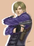  1boy armpit_holster artist_name blonde_hair blue_eyes cang_fade dated dual_wielding facial_hair fingerless_gloves gloves gun highres holster leon_s_kennedy resident_evil resident_evil_6 signature solo stubble vest weapon 