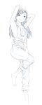  1girl barefoot long_hair monochrome naked_overalls original overalls sketch solo traditional_media yoshitomi_akihito 